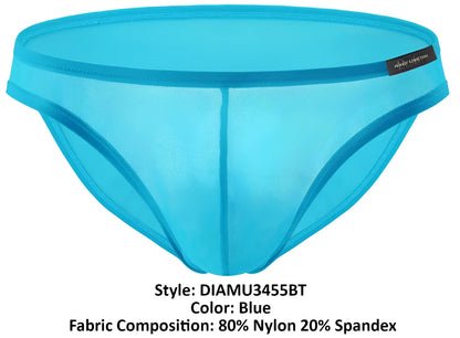 Bright blue sheer mesh low rise bikini briefs made of 80% nylon 20% spandex by Private Structure