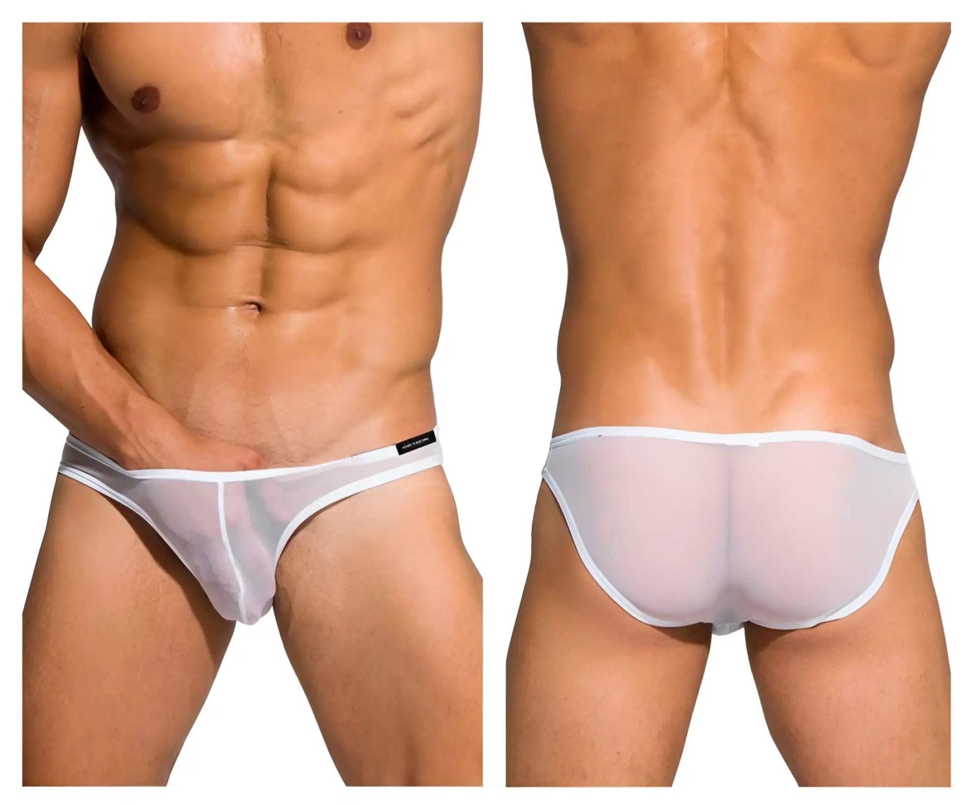 White sheer mesh low rise bikini briefs with white trim and black Private Structure brand label in Desire Intima style
