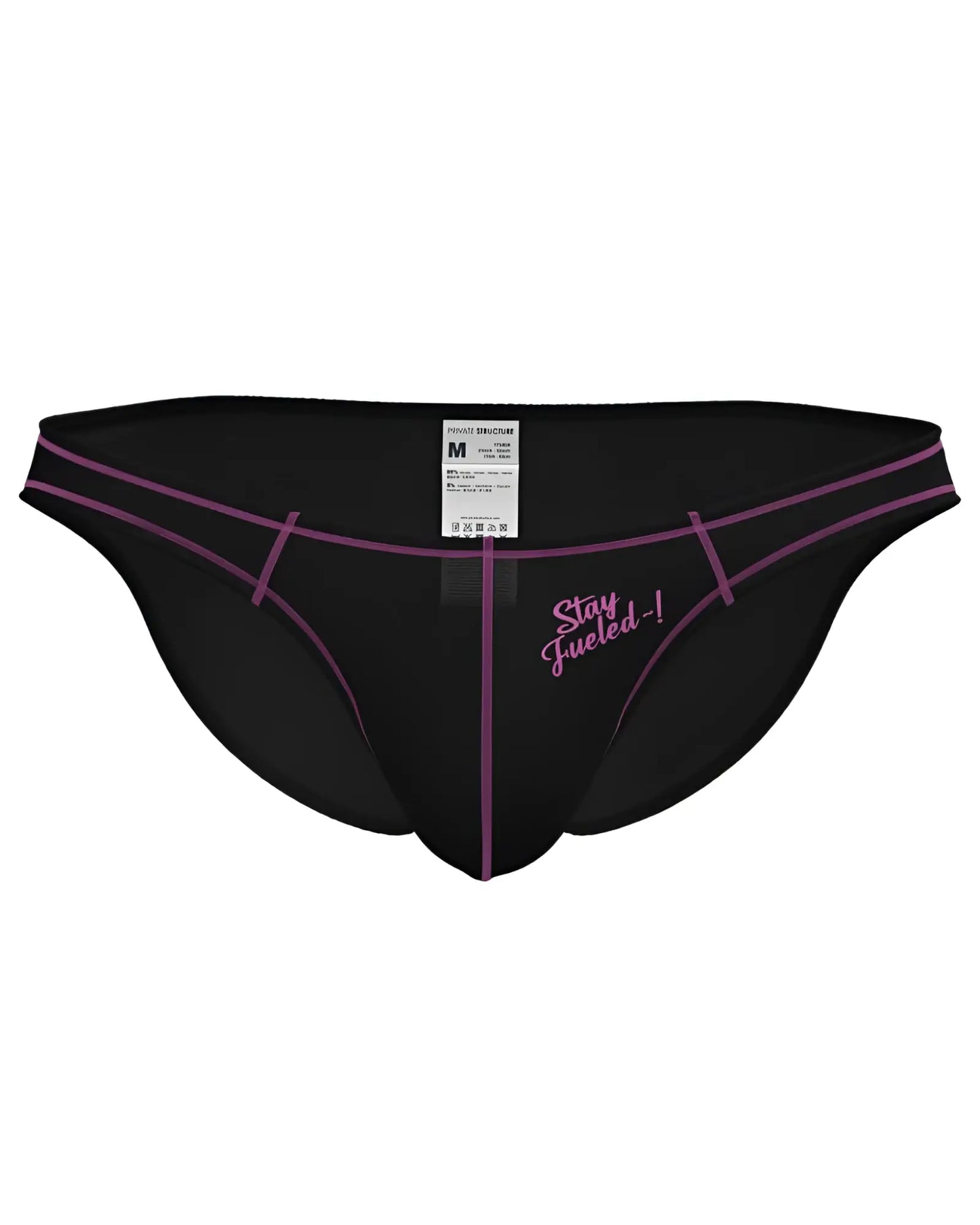 Black athletic briefs with purple trim and stay fueled embroidered slogan private structure epus4563 prime eutopia bikini brief charcoal