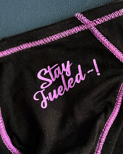 Private structure epus4563 prime eutopia charcoal bikini brief in black athletic fabric with pink embroidered stay fueled text