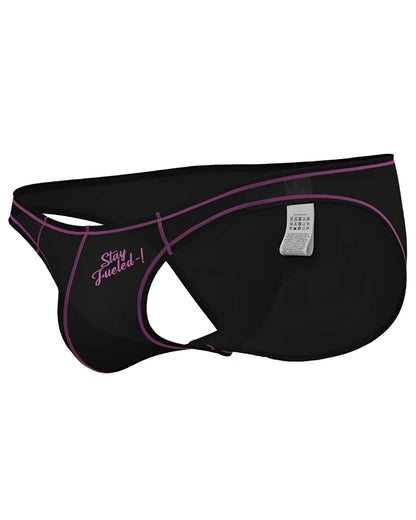 Private structure epus4563 prime eutopia bikini brief in charcoal black with purple trim and pink stay fueled embroidery