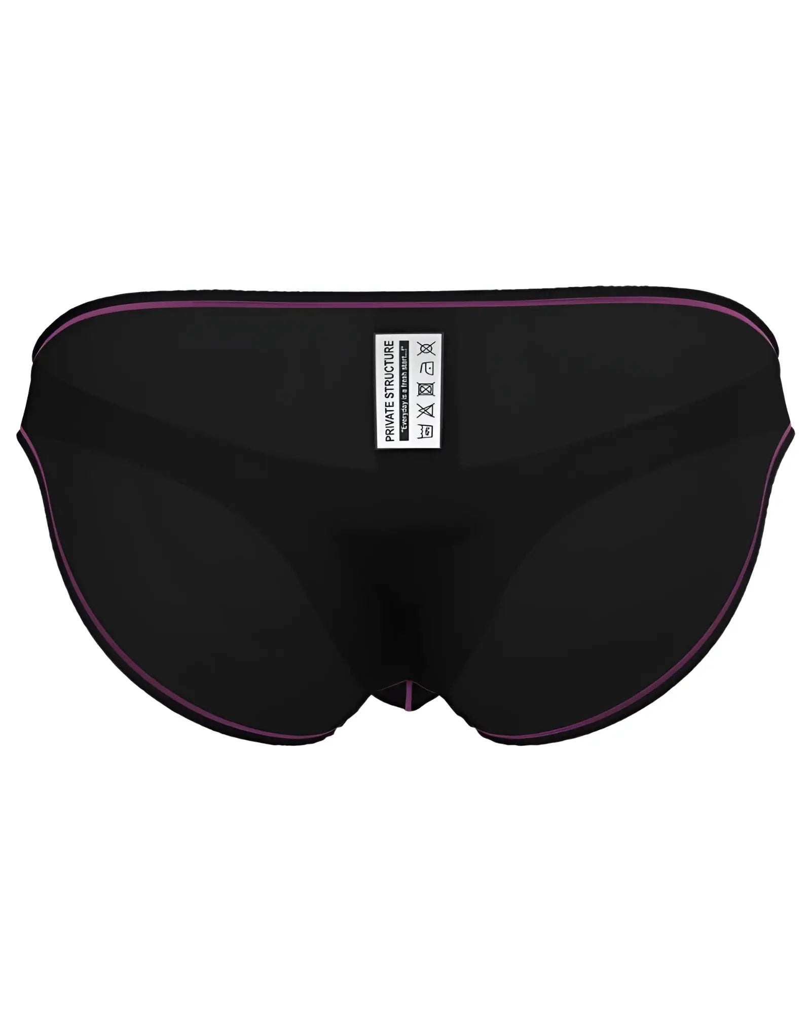 Private structure epus4563 prime eutopia charcoal bikini brief showing back with purple trim and white label