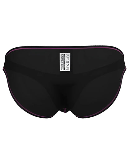 Private structure epus4563 prime eutopia charcoal bikini brief showing back with purple trim and white label
