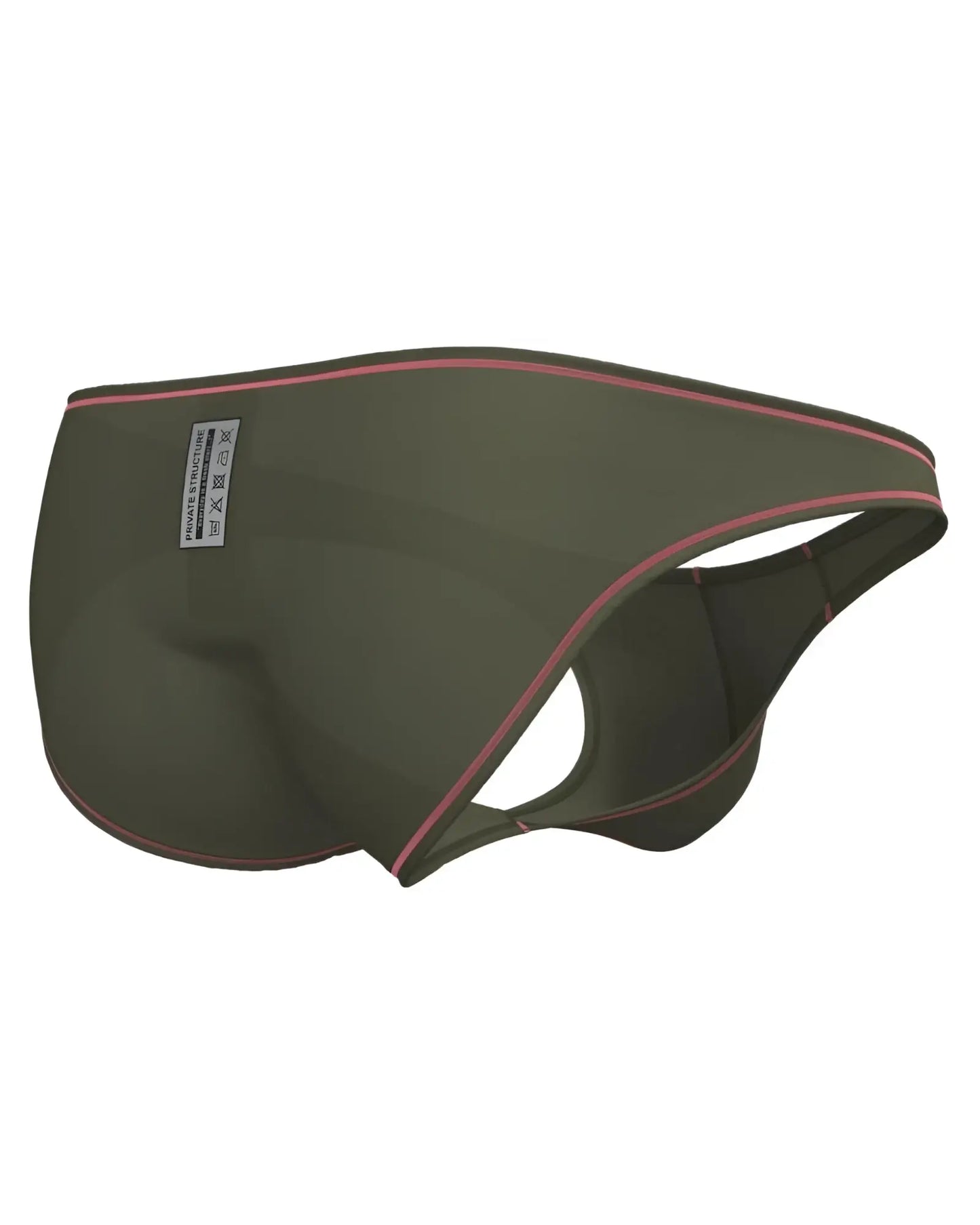 Olive green private structure prime eutopia bikini brief with pink stitching and white waistband label