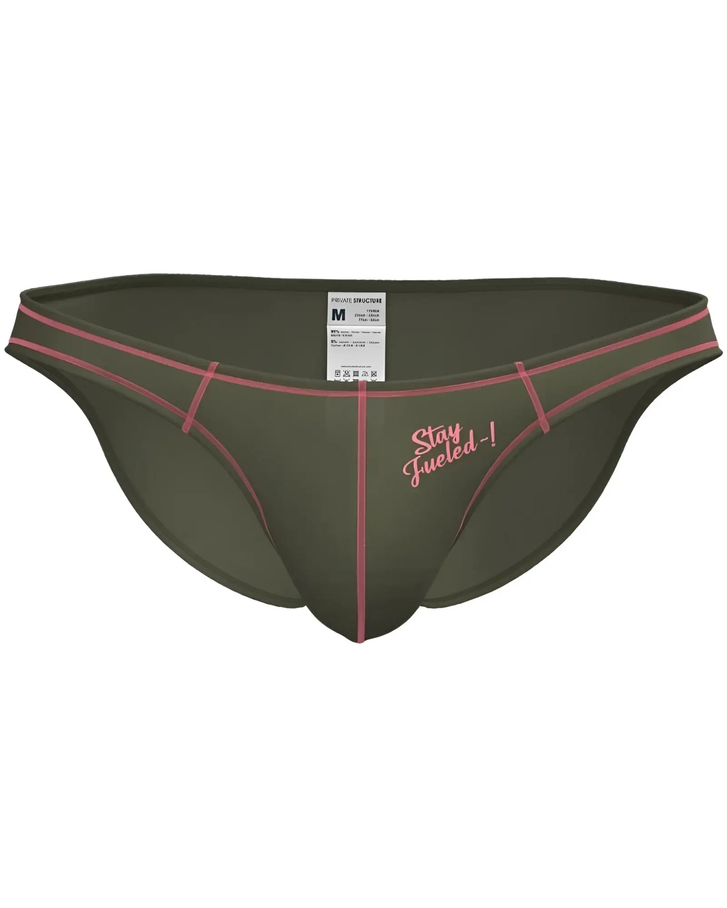 Olive green private structure prime eutopia men’s briefs with pink stitching and stay fueled embroidered slogan
