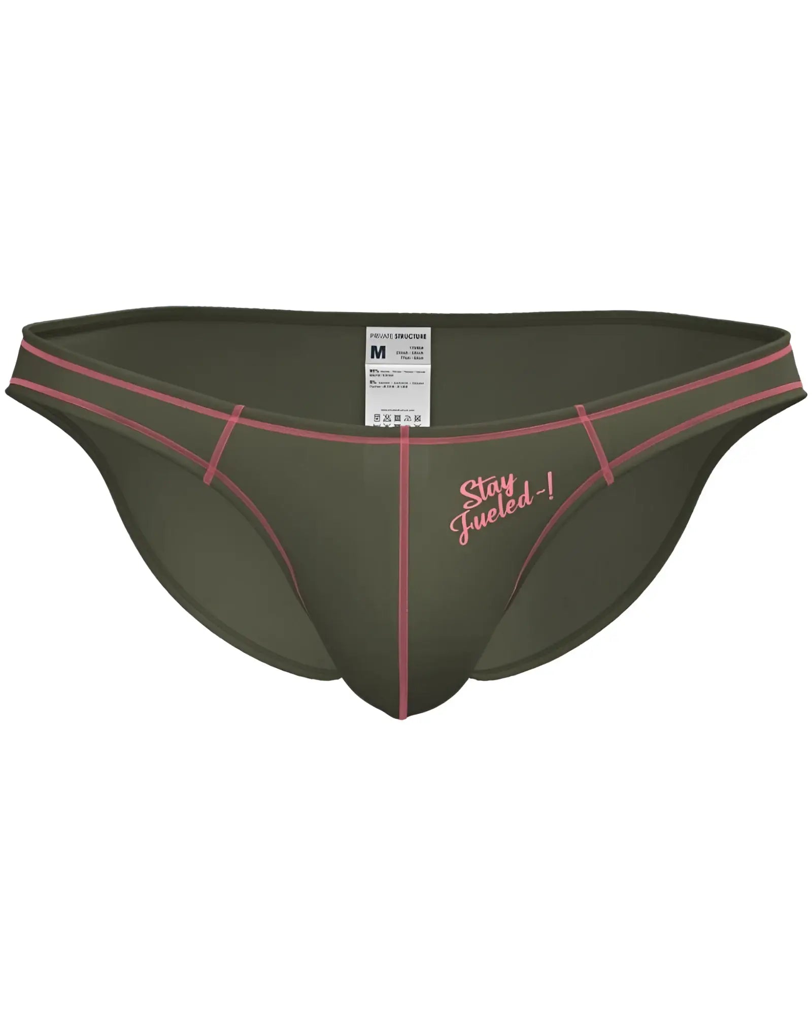 Olive green private structure prime eutopia men’s briefs with pink stitching and stay fueled embroidered slogan