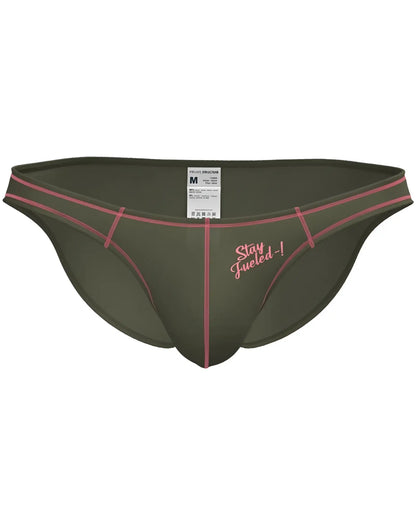 Olive green private structure prime eutopia men’s briefs with pink stitching and stay fueled embroidered slogan