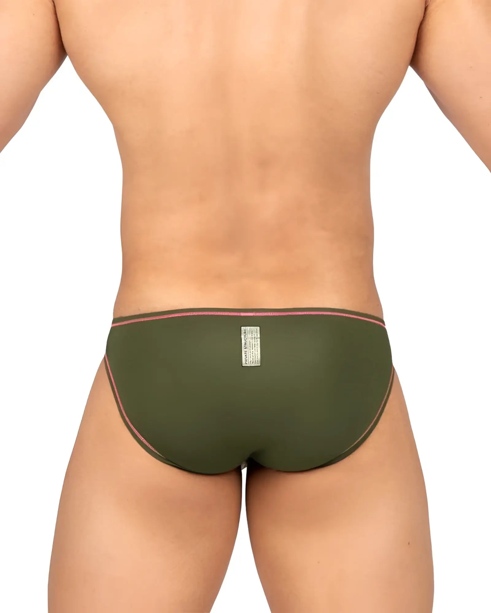 Olive green Private Structure EPUS4563 prime eutopia bikini briefs with pink trim and back rectangular label