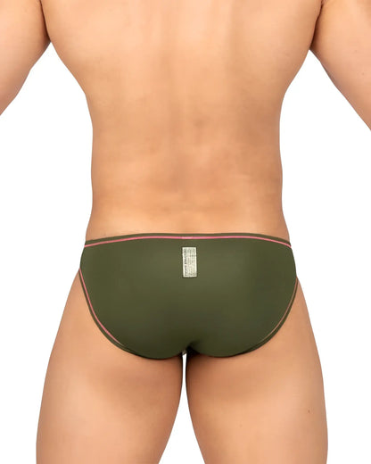 Olive green Private Structure EPUS4563 prime eutopia bikini briefs with pink trim and back rectangular label