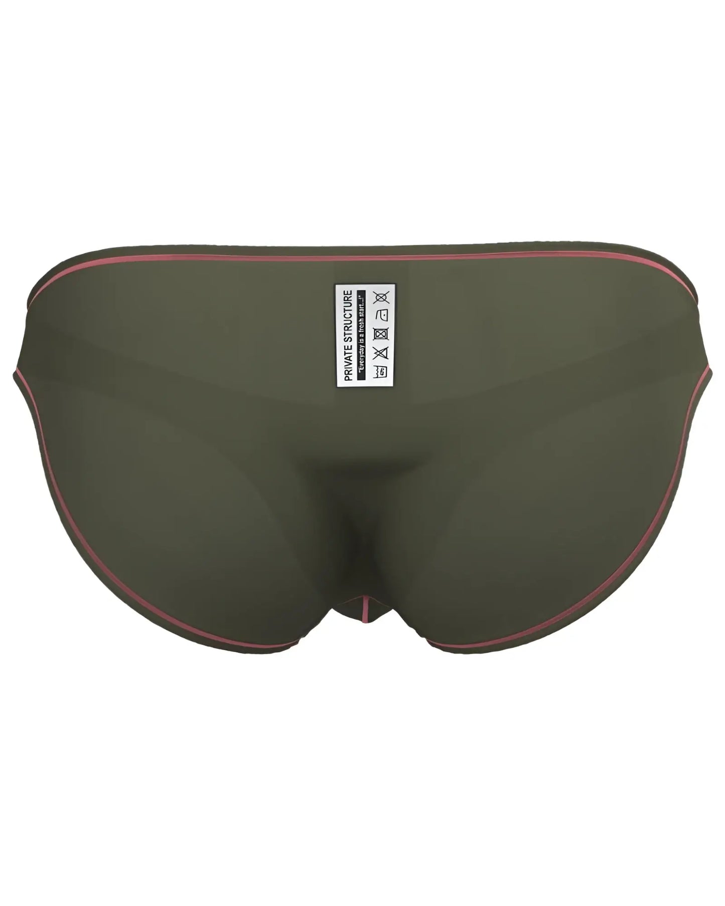 Olive green private structure epus4563 prime eutopia bikini brief swim trunks with pink trim and white care label