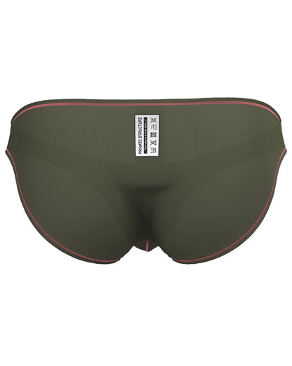 Olive green private structure epus4563 prime eutopia bikini brief swim trunks with pink trim and white care label