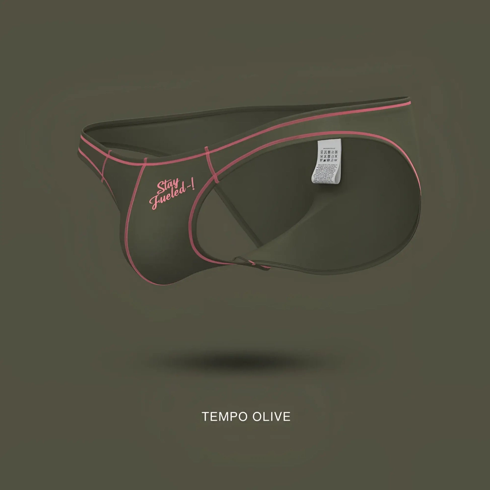 Private Structure olive green tempo briefs with pink stitching and stay fueled embroidered slogan in bikini style