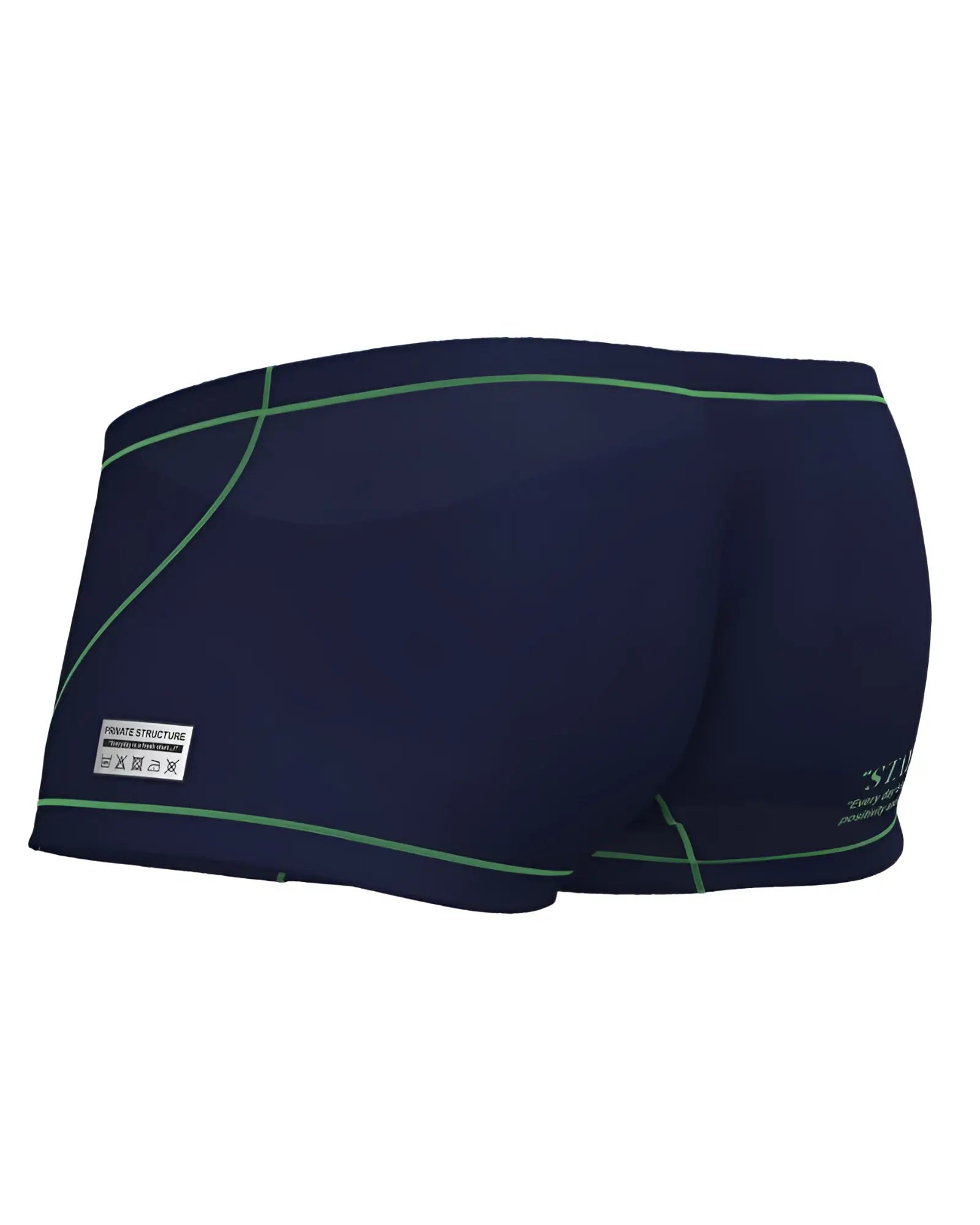 Dark navy swim trunks with green stitching and a white Private Structure label on the side hipster style