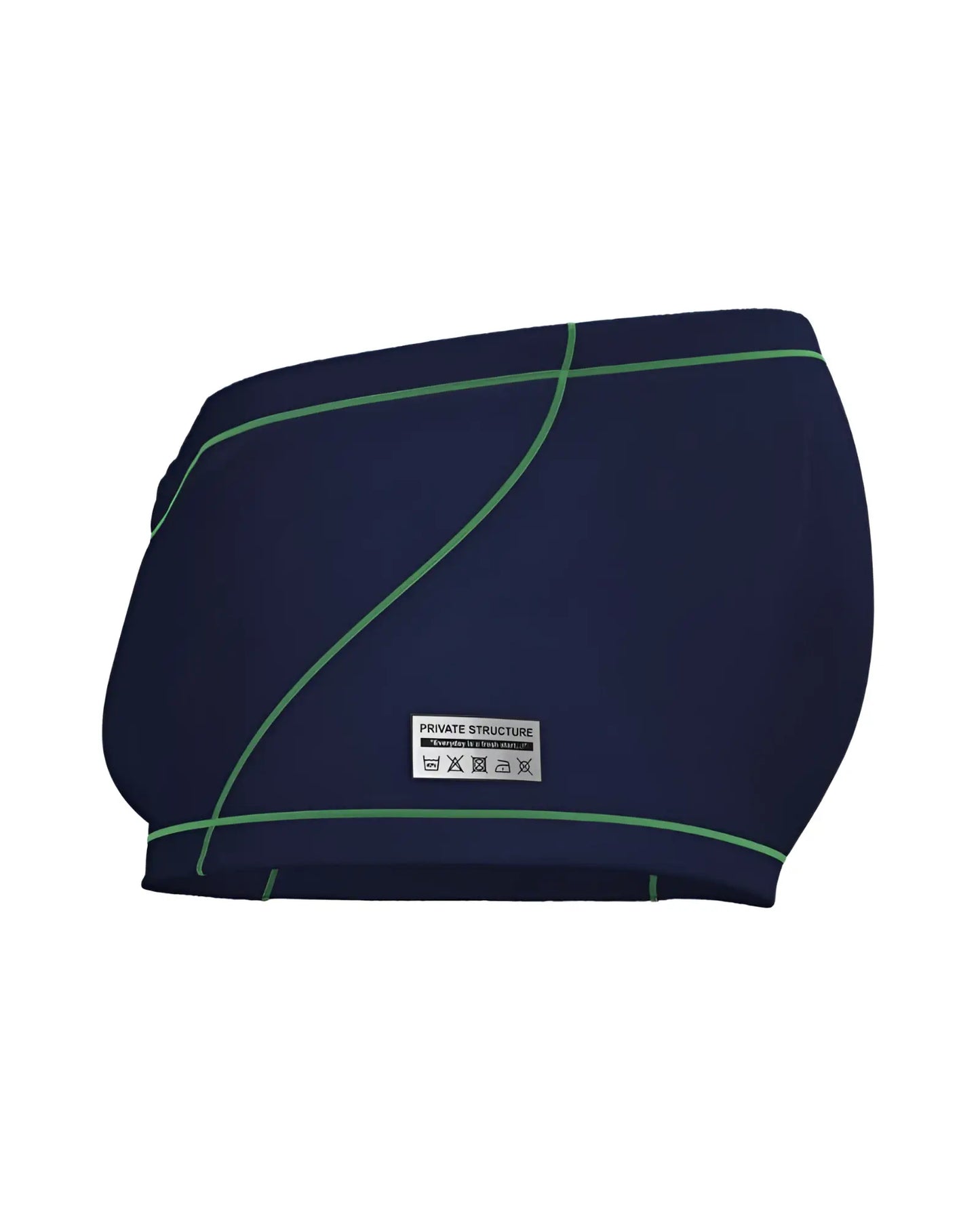 Dark blue swim trunks with green stitching and private structure brand label for casual beachwear