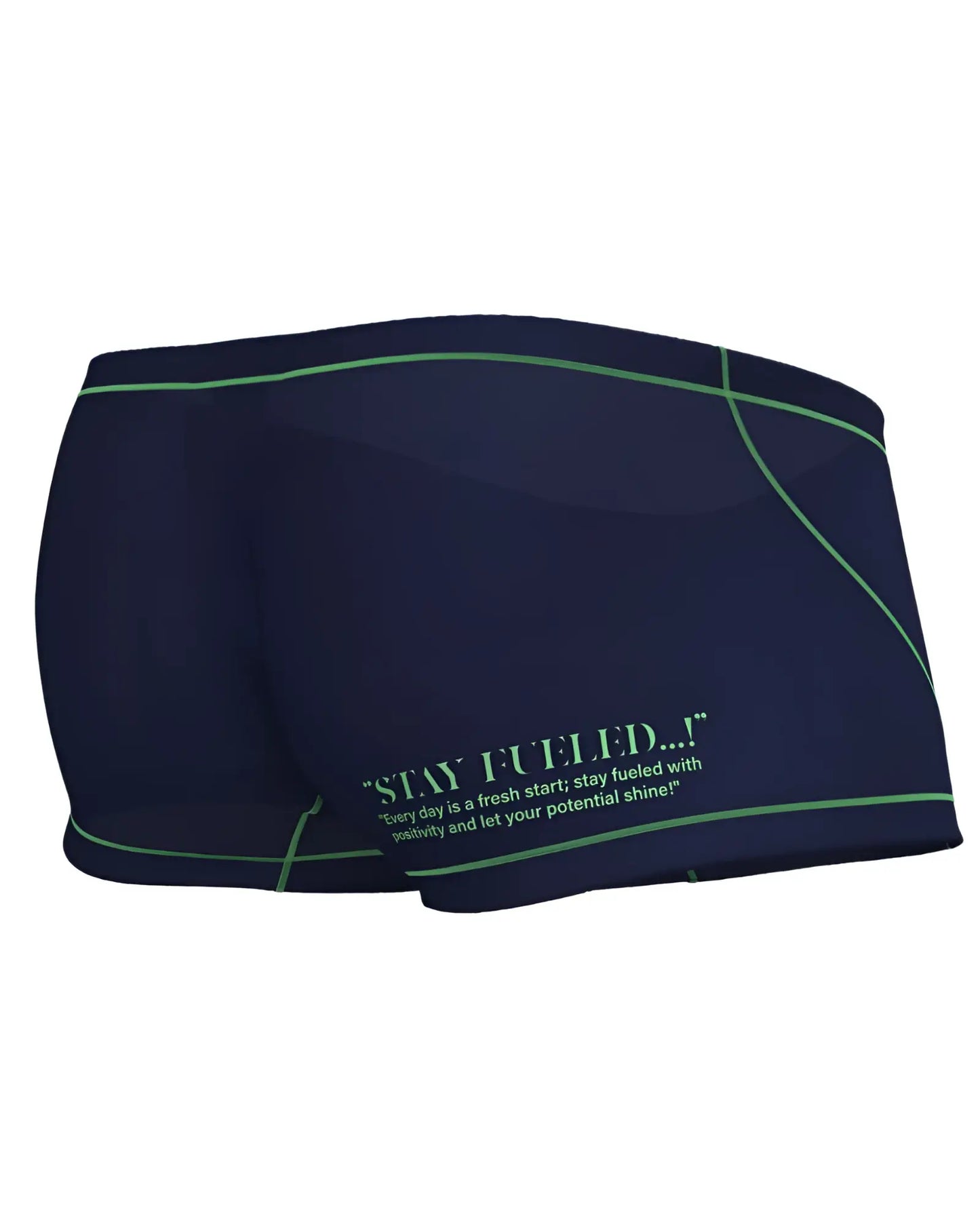 Navy blue Private Structure EPUS4570 Prime Elysian hipster swim trunks with green trim and motivational quote on the side