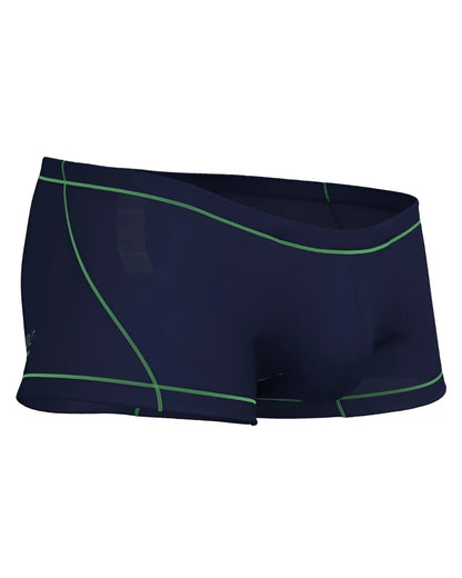 Private Structure EPUS4570 Prime Elysian hipster swim trunks in navy blue with neon green stitching and subtle side logo