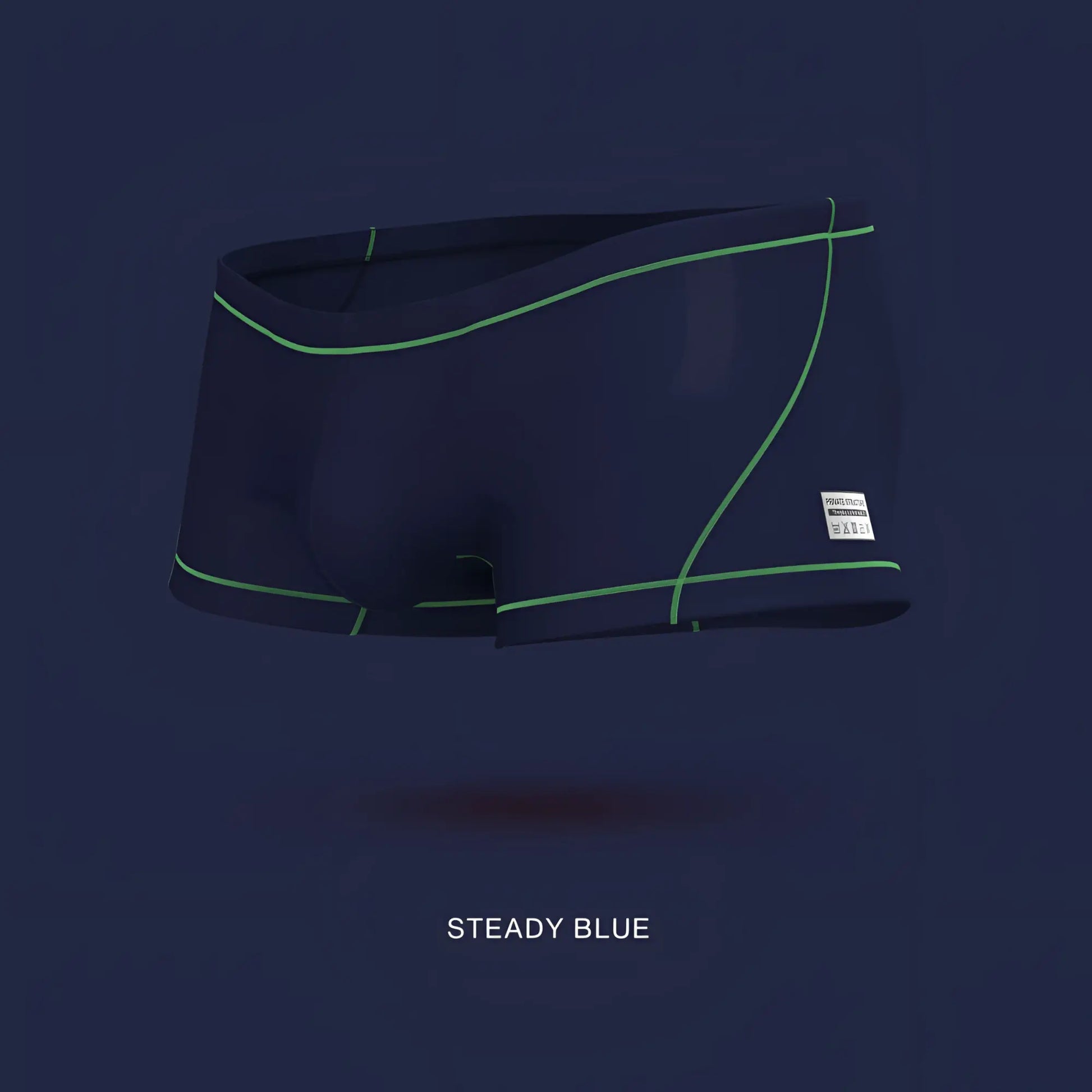 Navy blue private structure epus4570 prime elysian hipster swim trunks with neon green stitching and white side label