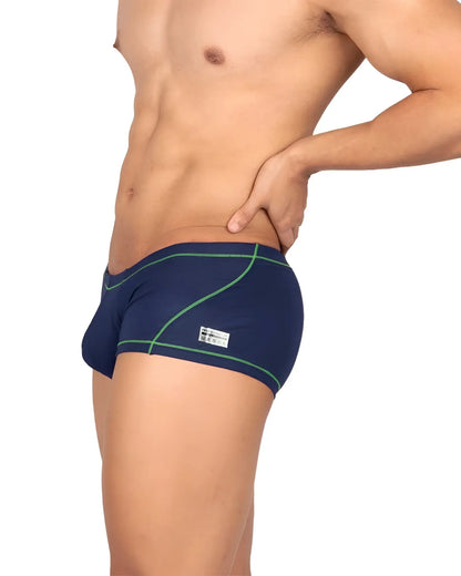Private Structure EPUS4570 prime Elysian hipster navy blue swim trunks with green stitching and white brand tag