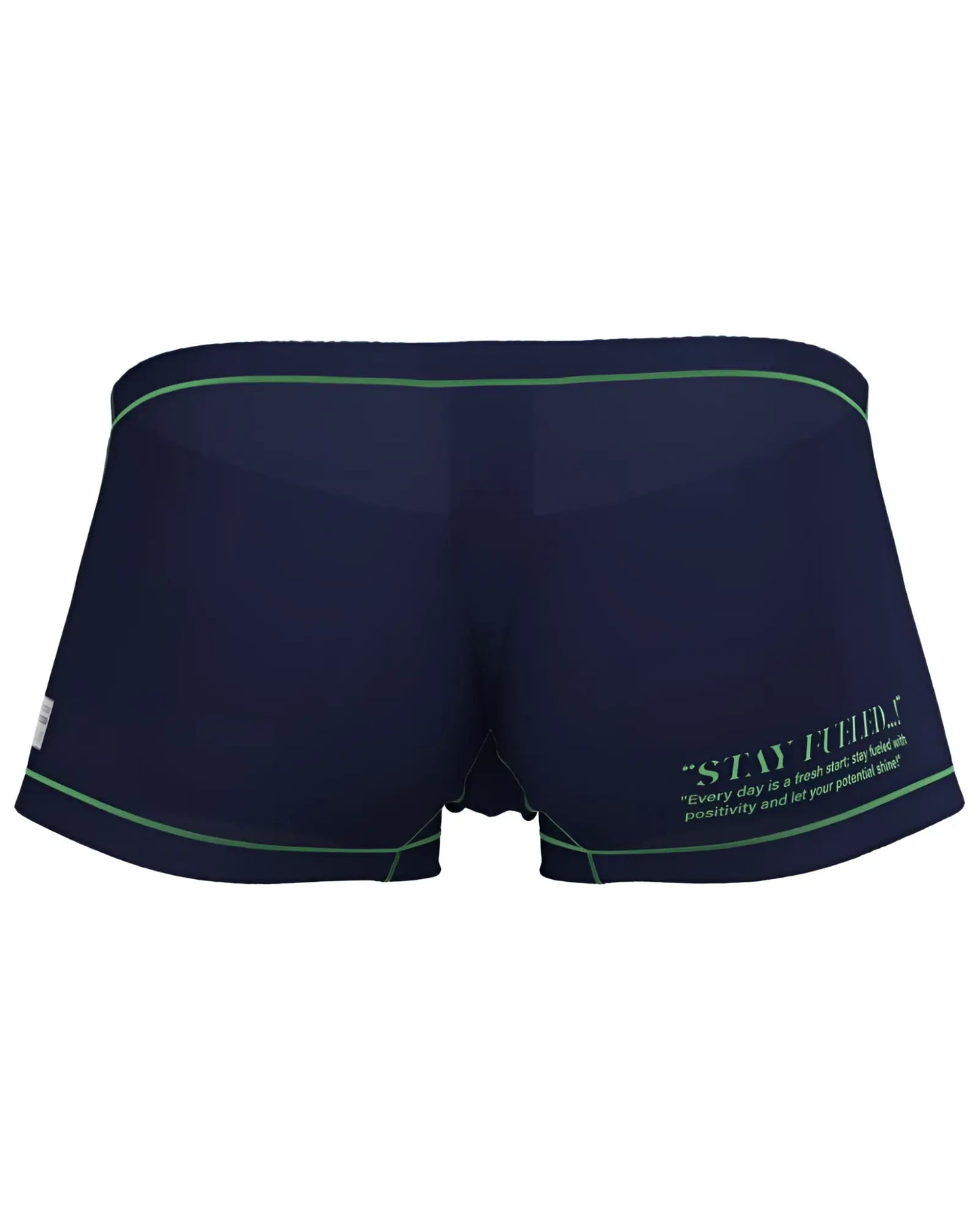 Private structure epus4570 prime elysian hipster navy blue swim trunks with green trim and motivational side quote