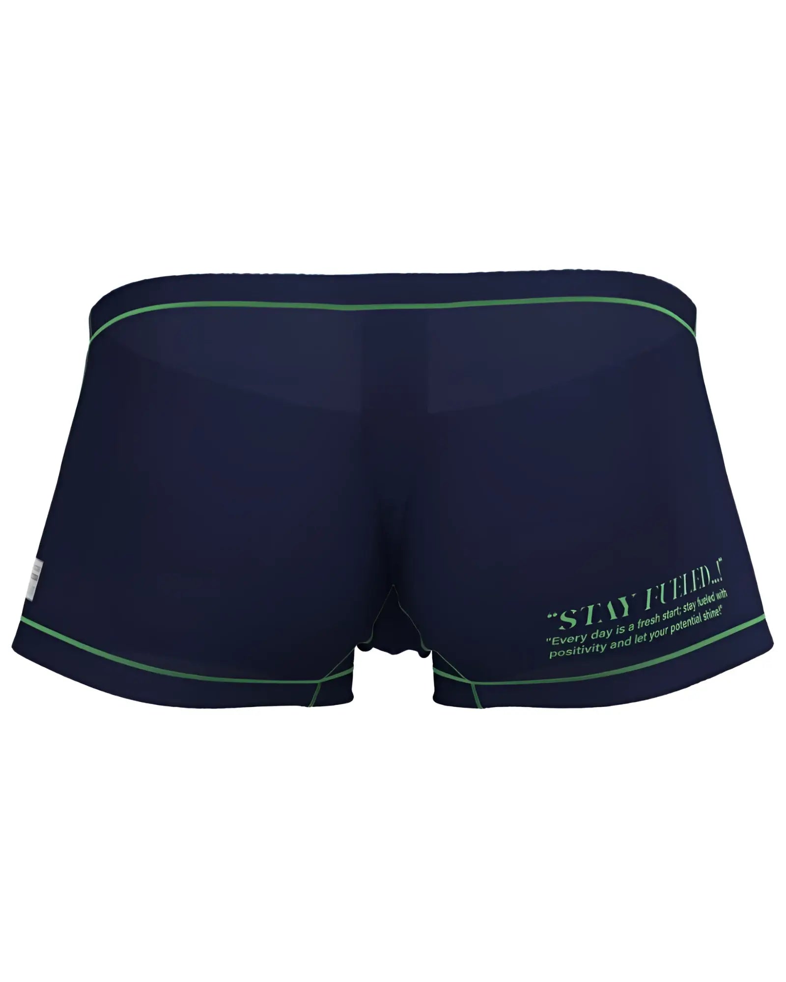 Private structure epus4570 prime elysian hipster navy blue swim trunks with green trim and motivational side quote