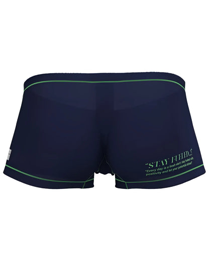 Private structure epus4570 prime elysian hipster navy blue swim trunks with green trim and motivational side quote