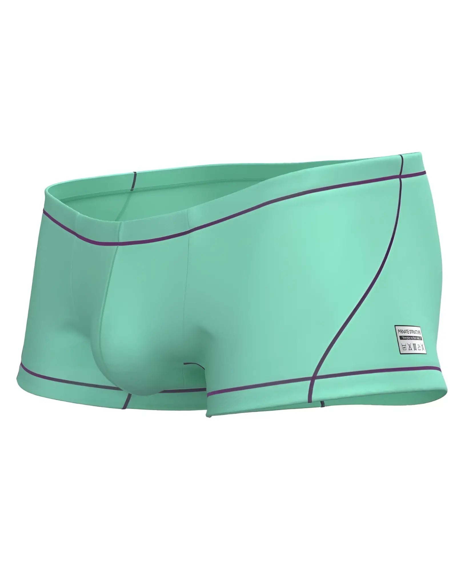 Private Structure EPUS4570 Prime Elysian hipster swim trunks in mint green with purple stitching and side brand label