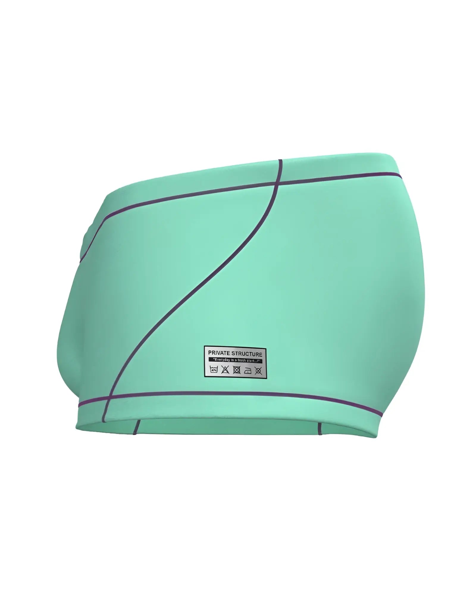 Mint green swim trunks with black stitching and private Structure label in cyan hipster style for casual beachwear