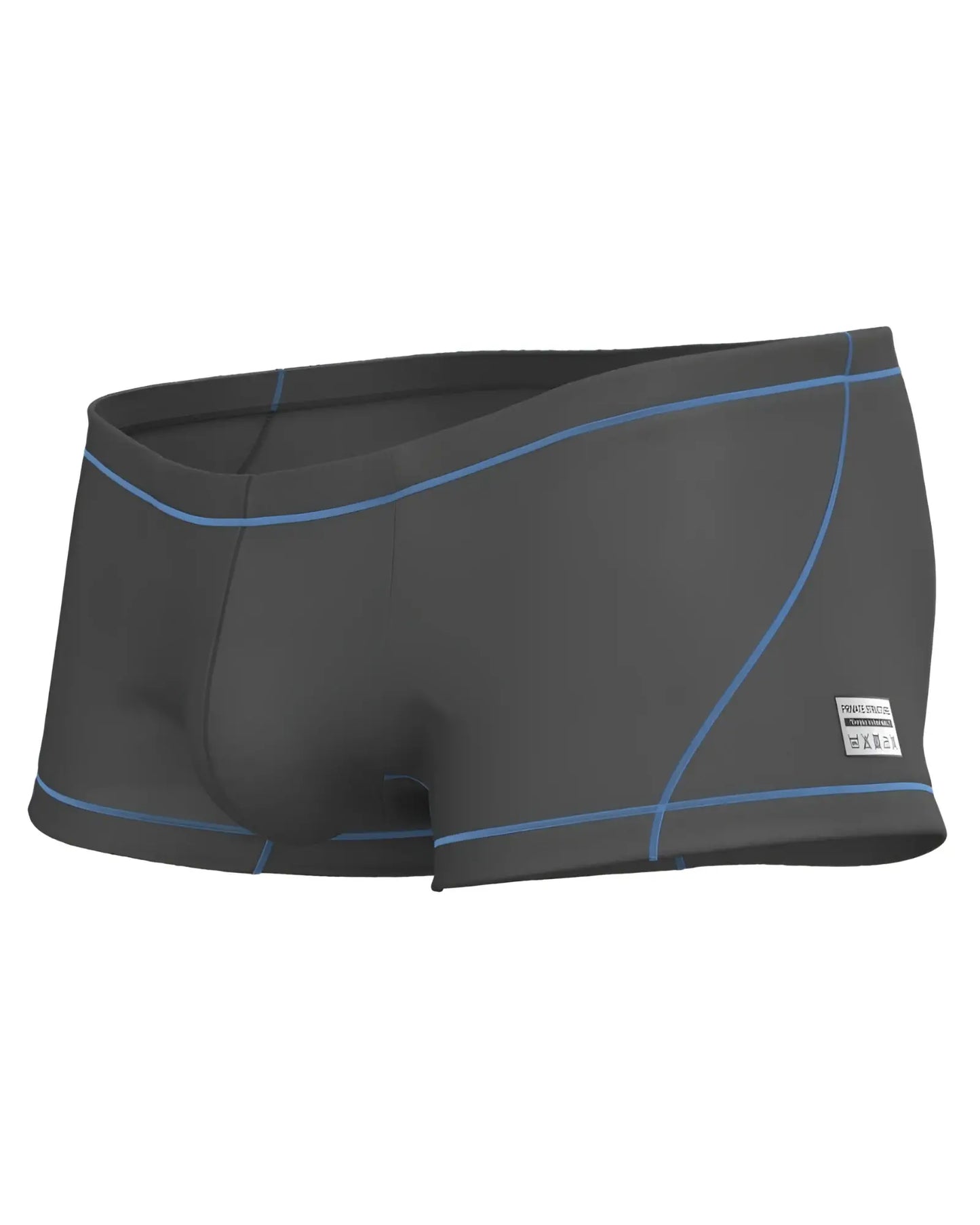 Dark gray private structure epus4570 prime elysian hipster swim trunks with light blue stitching and white side label