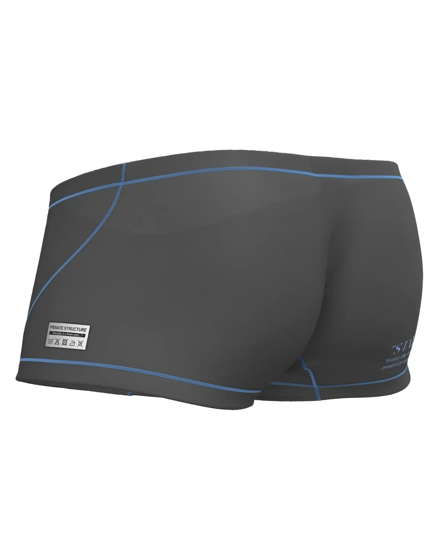 Private Structure EPUS4570 Prime Elysian hipster swim trunks in dark gray with light blue stitching and a white side label