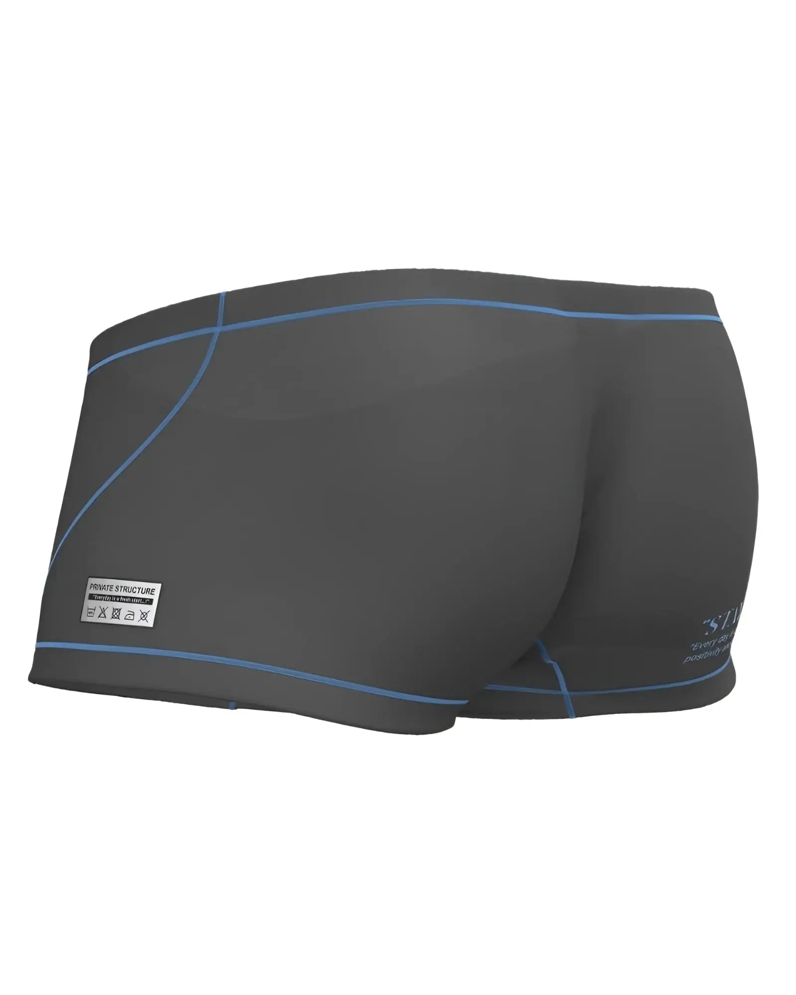 Private Structure EPUS4570 Prime Elysian hipster swim trunks in dark gray with light blue stitching and a white side label