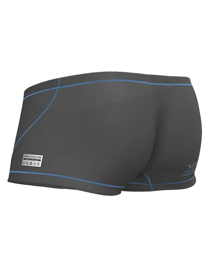 Private Structure EPUS4570 Prime Elysian hipster swim trunks in dark gray with light blue stitching and a white side label