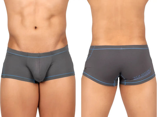 Gray mens hipster briefs with light blue trim and subtle logo on the back by private structure epus4570 prime elysian