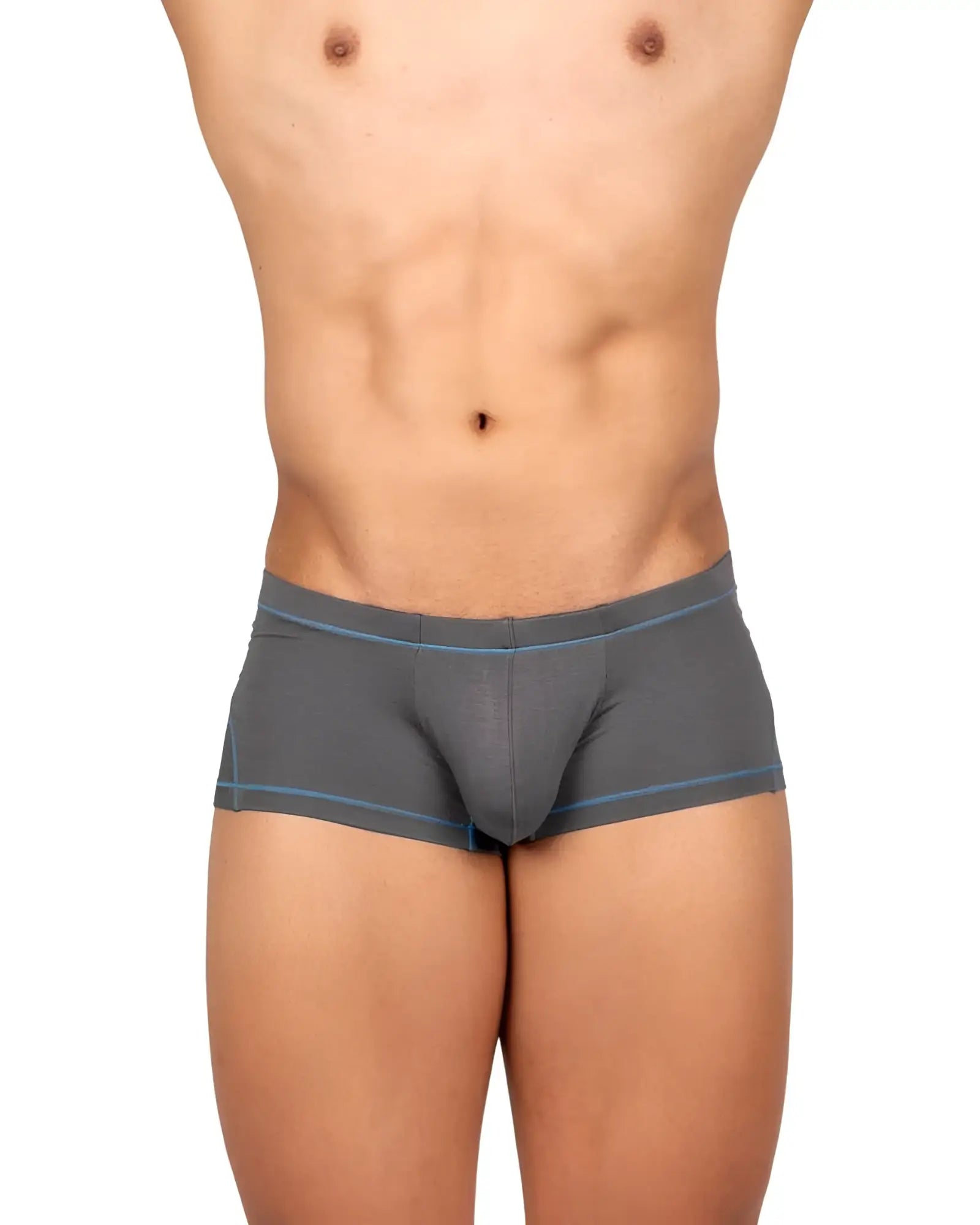 Gray men’s hipster briefs by private structure with subtle blue trim along waistband and legs in prime elysian fabric