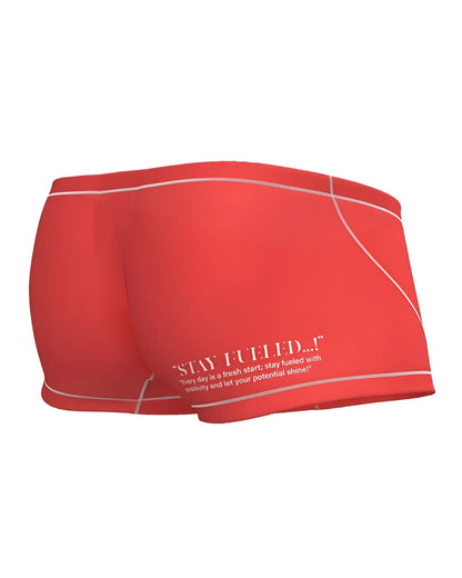 Red athletic briefs with white stitching and a motivational quote on the side from private structure epus4570 prime elysian hipster