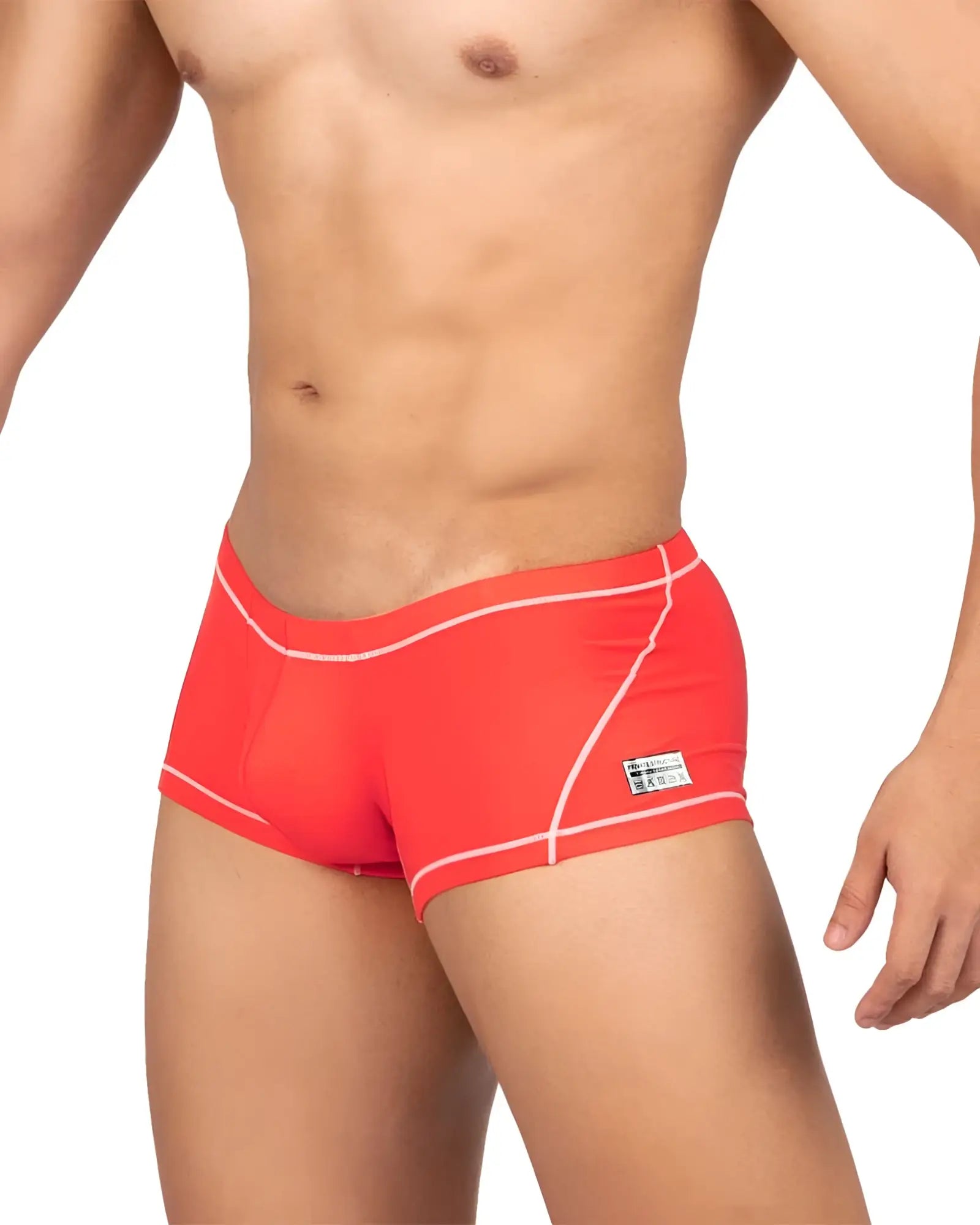 Bright red private structure epus4570 prime elysian hipster swim trunks with white stitching and side brand tag