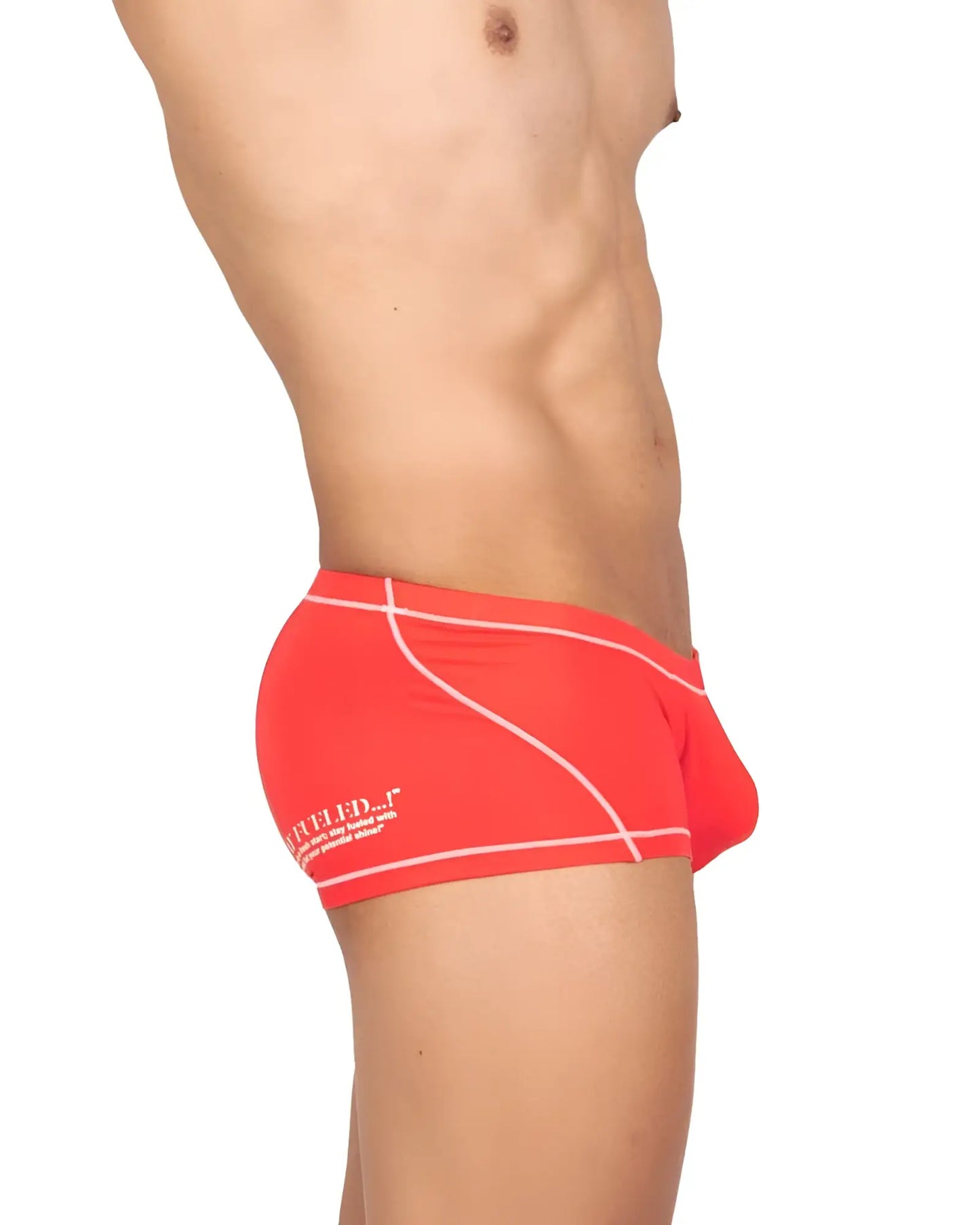 Bright red private structure epus4570 prime elysian hipster swim trunks with white stitching and subtle side logo