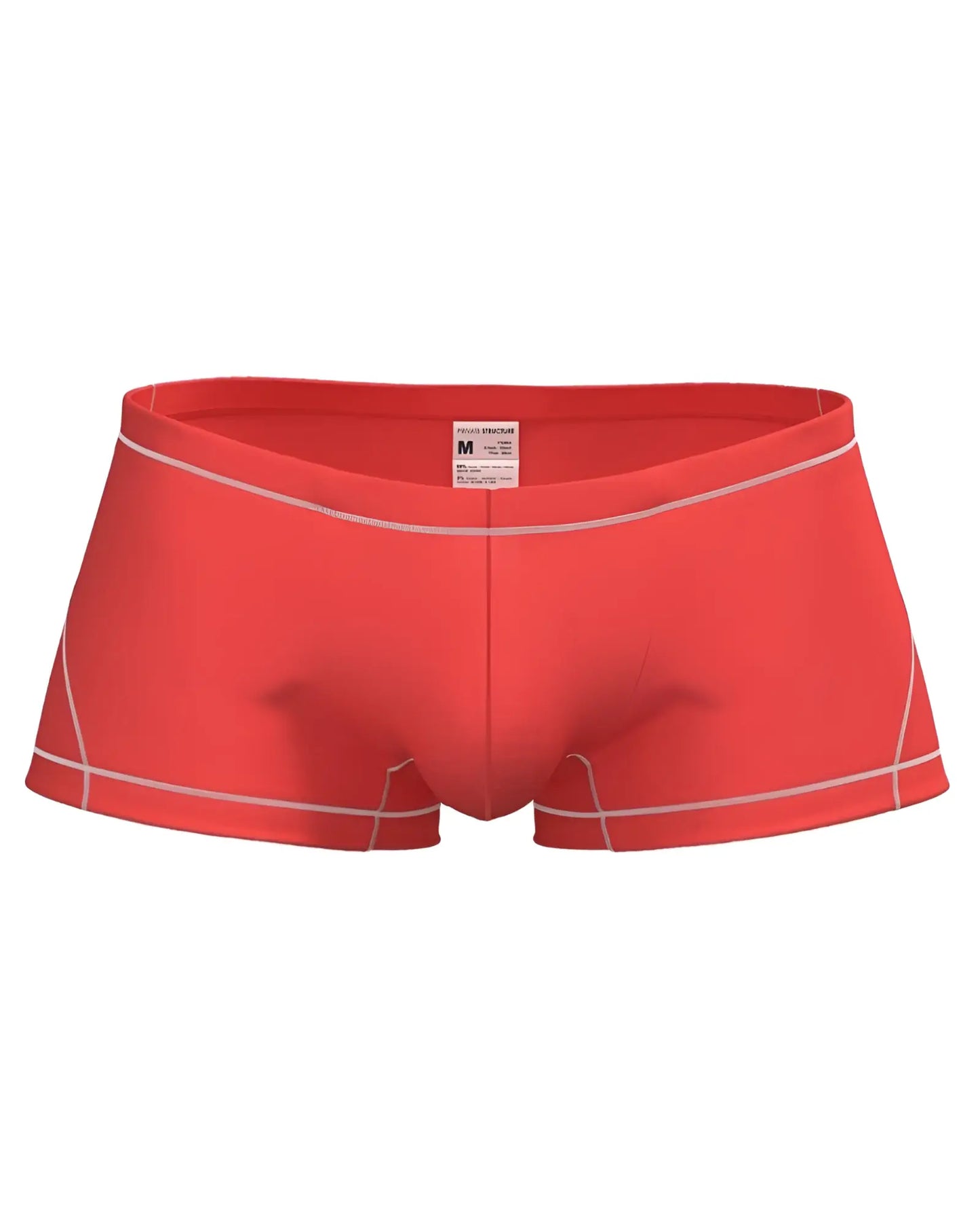 Bright red Private Structure EPUS4570 Prime Elysian hipster swim trunks with white stitching along seams and waistband