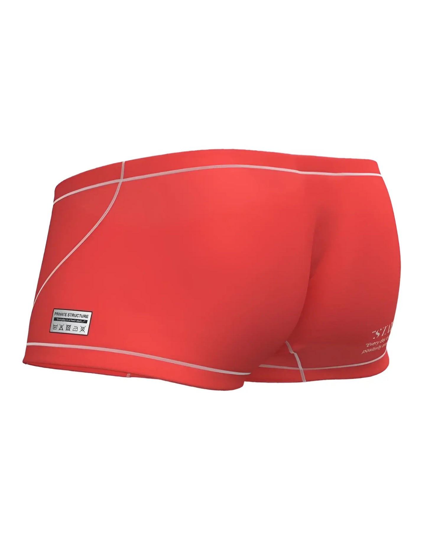 Bright red private structure epus4570 prime elysian hipster swim trunks with white stitching and side brand label