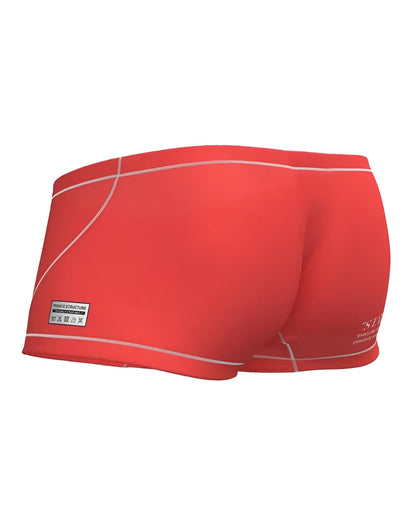 Bright red private structure epus4570 prime elysian hipster swim trunks with white stitching and side brand label