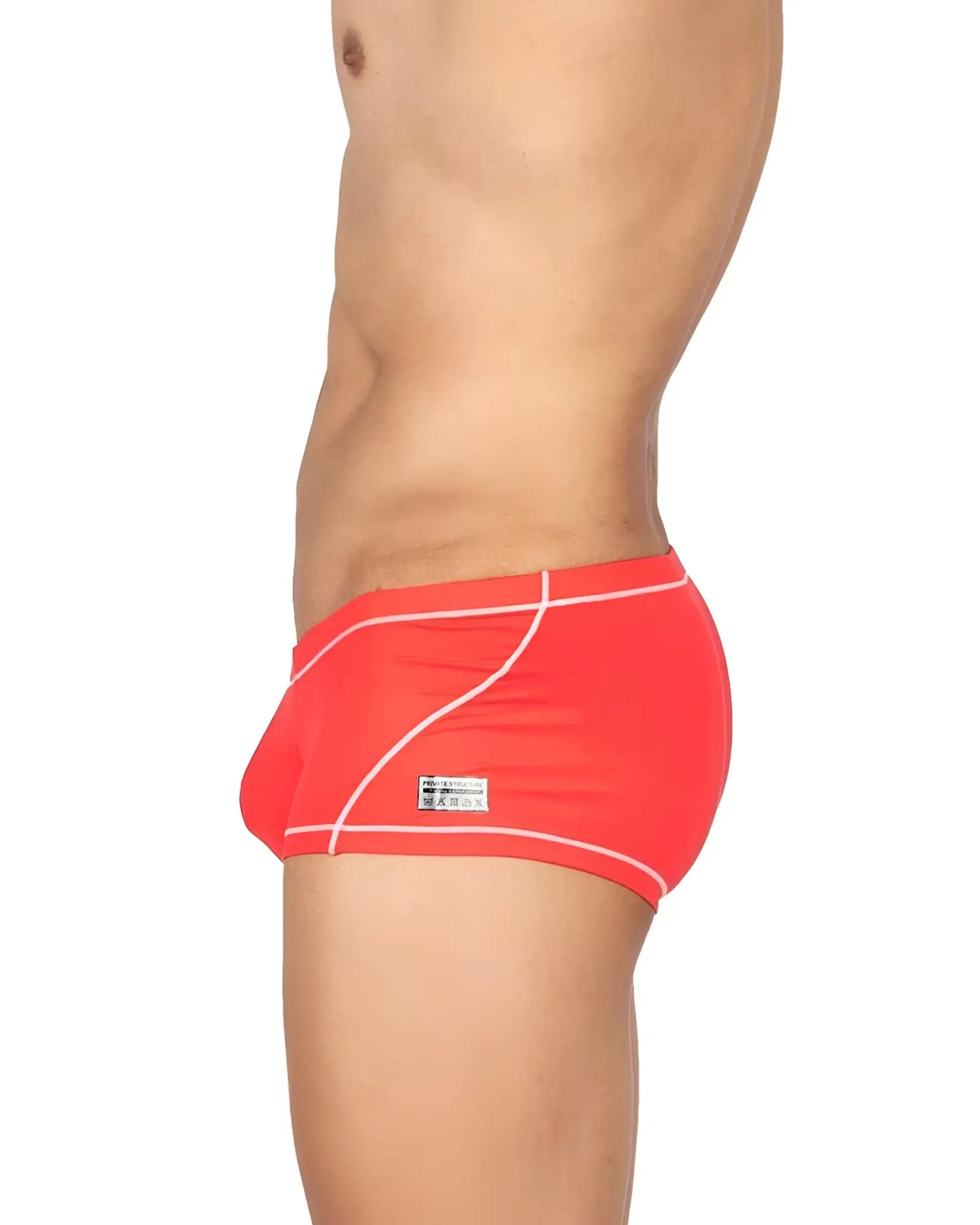 Bright red Private Structure epus4570 prime elysian hipster swim trunks with white geometric stitching and a black tag