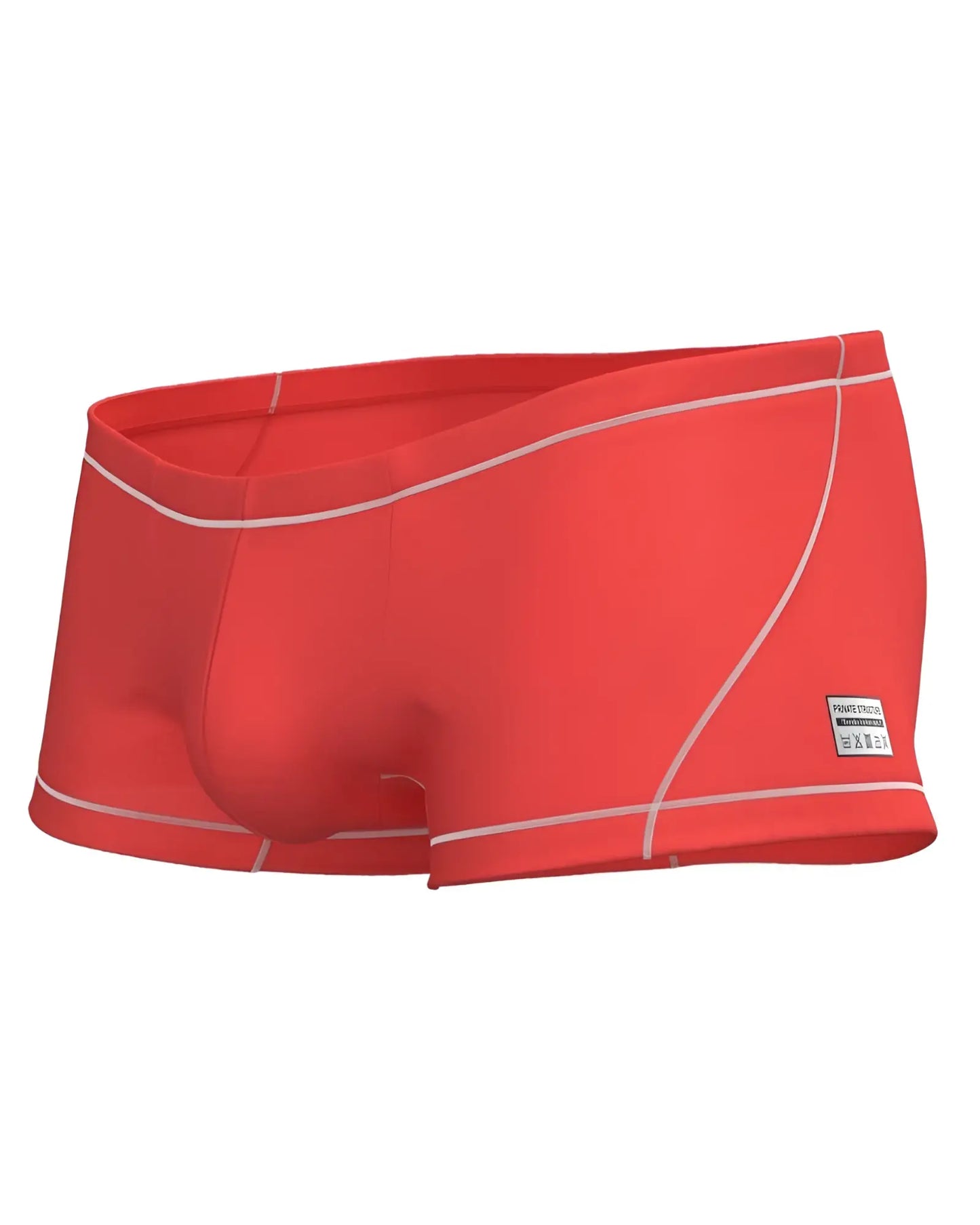 Red swim trunks with white stitching and a small Private Structure brand label on the side in the Prime Elysian Hipster style