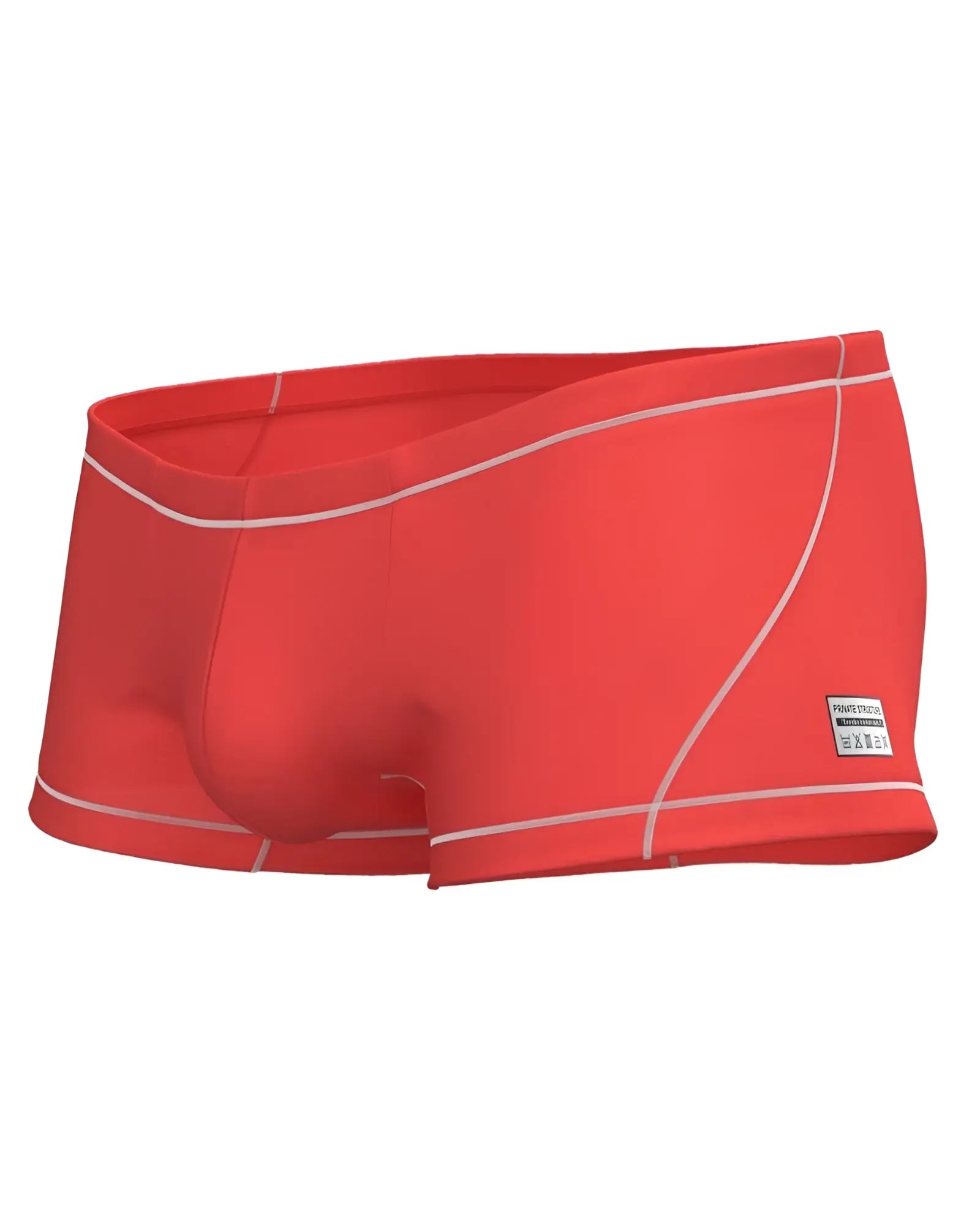 Red swim trunks with white stitching and a small Private Structure brand label on the side in the Prime Elysian Hipster style