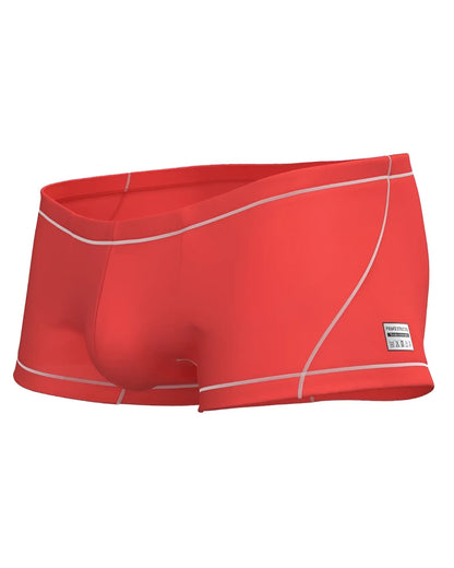 Red swim trunks with white stitching and a small Private Structure brand label on the side in the Prime Elysian Hipster style