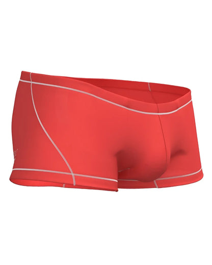 Red swim trunks with white stitching along edges and seams private structure epus4570 prime elysian hipster red