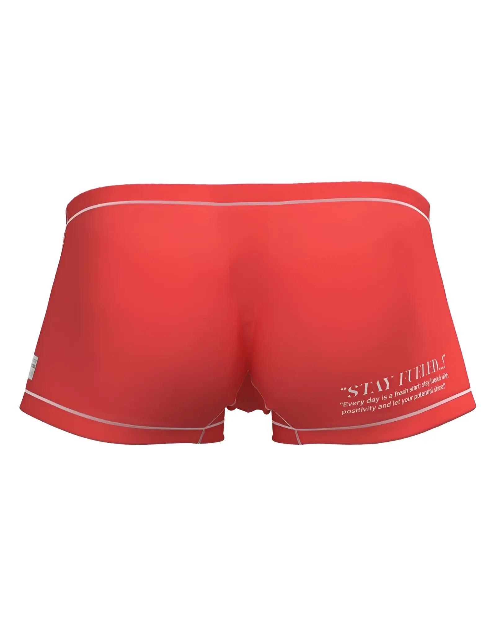 Red swim trunks with white trim and motivational quote on side from private structure epus4570 prime elysian hipster