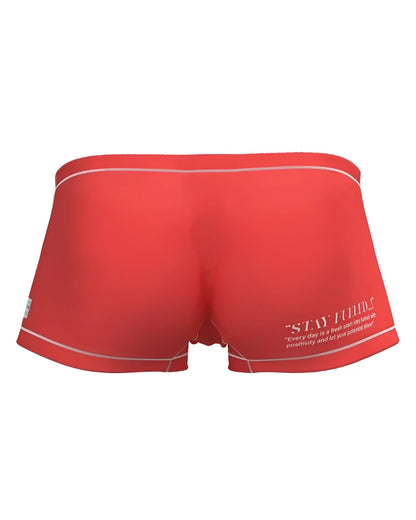 Red swim trunks with white trim and motivational quote on side from private structure epus4570 prime elysian hipster