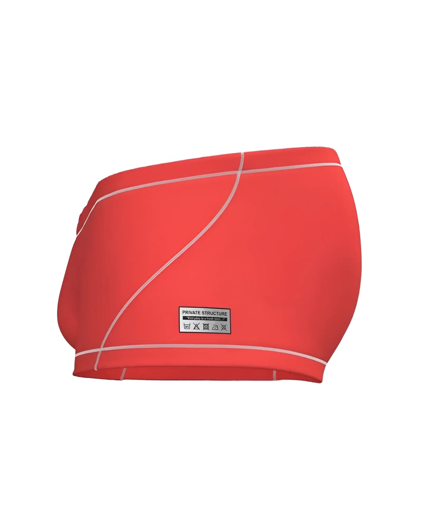 Vibrant coral-red swim trunks with white stitching and private structure brand label for casual beachwear
