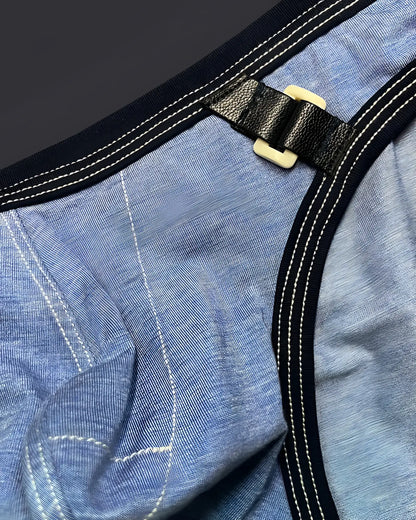 Private structure lcut4358 barn boy low rise mini brief denim with black leather strap and cream plastic buckle on blue denim