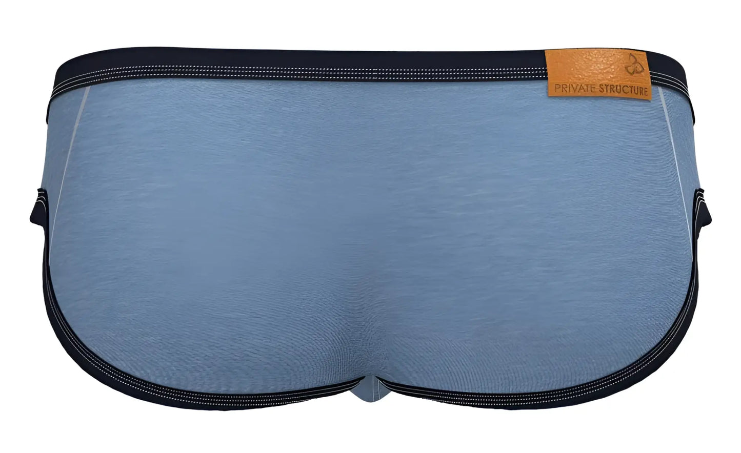 Blue heathered cotton Private Structure Barn Boy low rise mini briefs with black elastic trim and tan leather brand tag