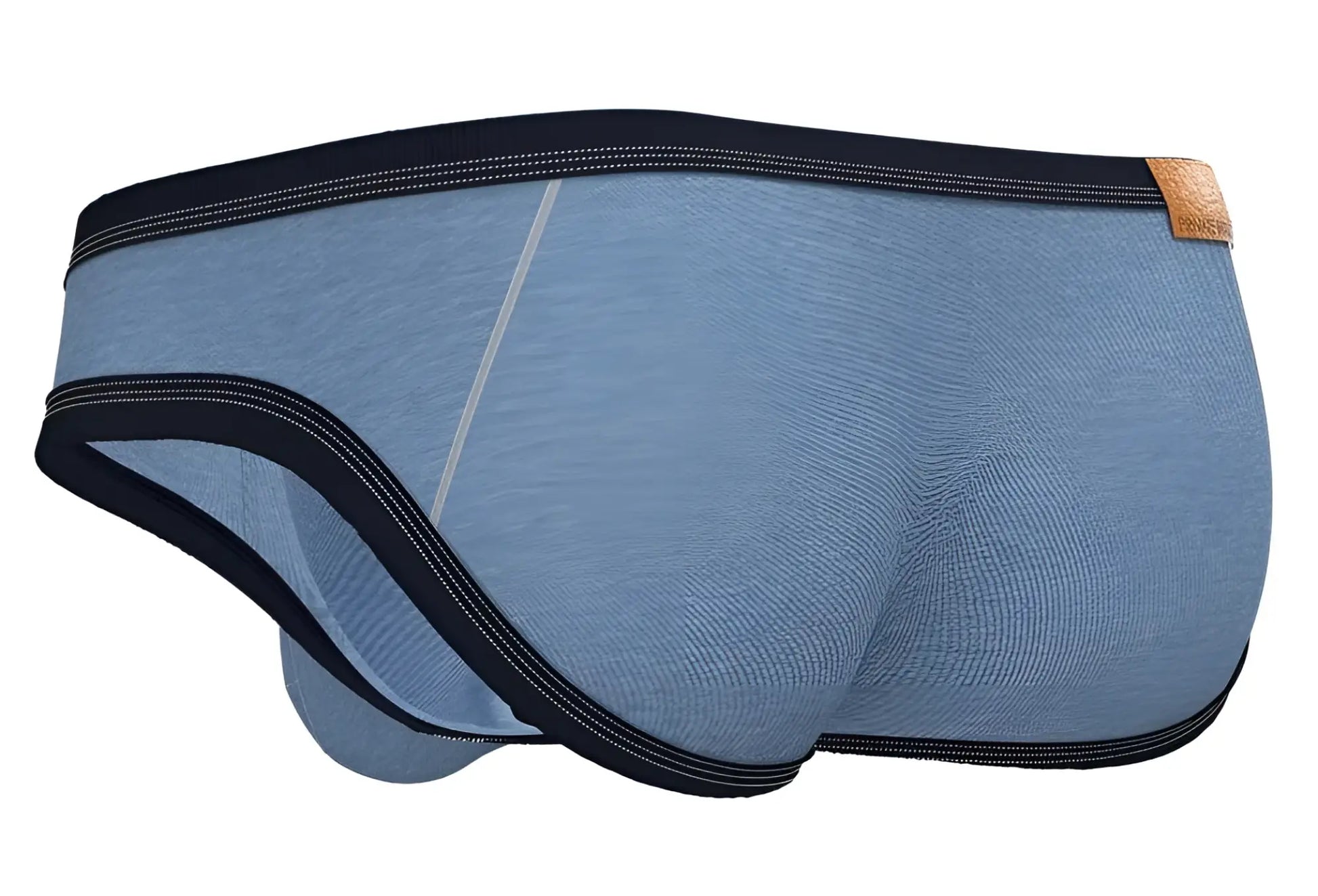 Blue heathered private structure barn boy low rise mini briefs with black trim and tan leather tag in denim color